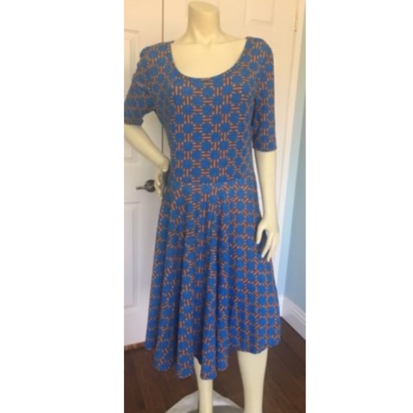 LuLaRoe Dresses & Skirts - LulaRoe Nicole Dress Blue And Gold Squares Size 2X